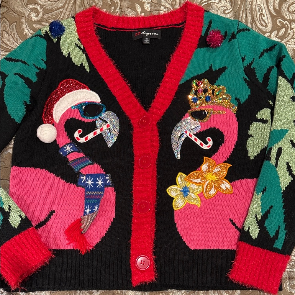 Joyous Flamingo Embellished Cardigan - Black, Pink, Green